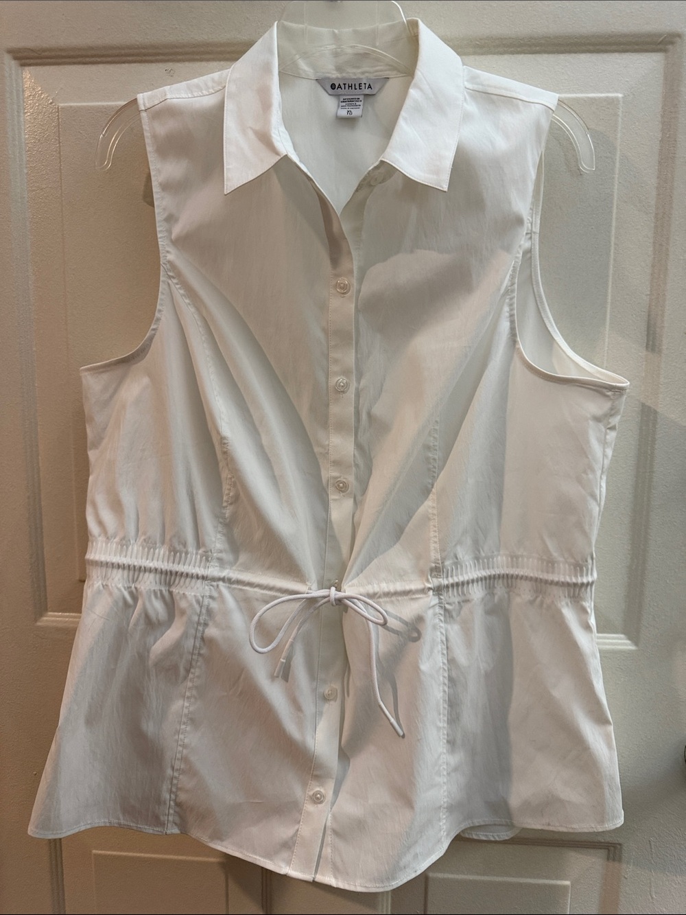 Athleta Levitate White Poplin Sleeveless Button Front Tie-Waist Blouse Size XL